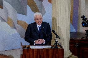 President of Italy Sergio Mattarella gives a keynote talk at the